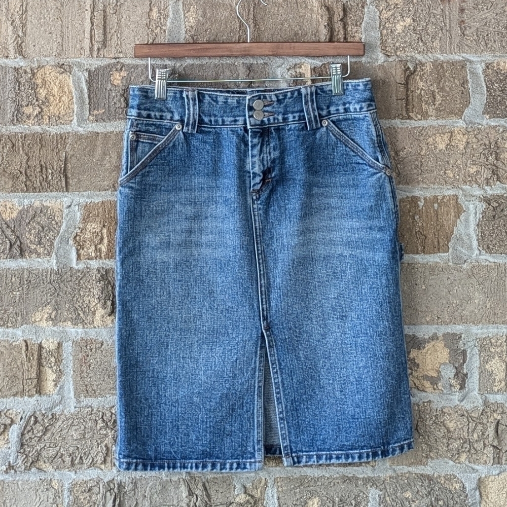 Vintage Y2K J. Crew Carpenter Midi Jean Skirt Front Slit Size 2 100% Cotton